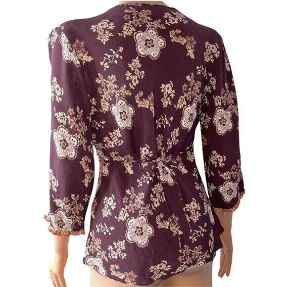 Quizz Bazaar flowy floral boho burgundy top SZ L lace detailing - Picture 4 of 10
